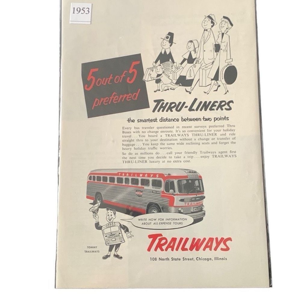 Vintage 1953 Trailways Thru-Liners Ad Advertisement